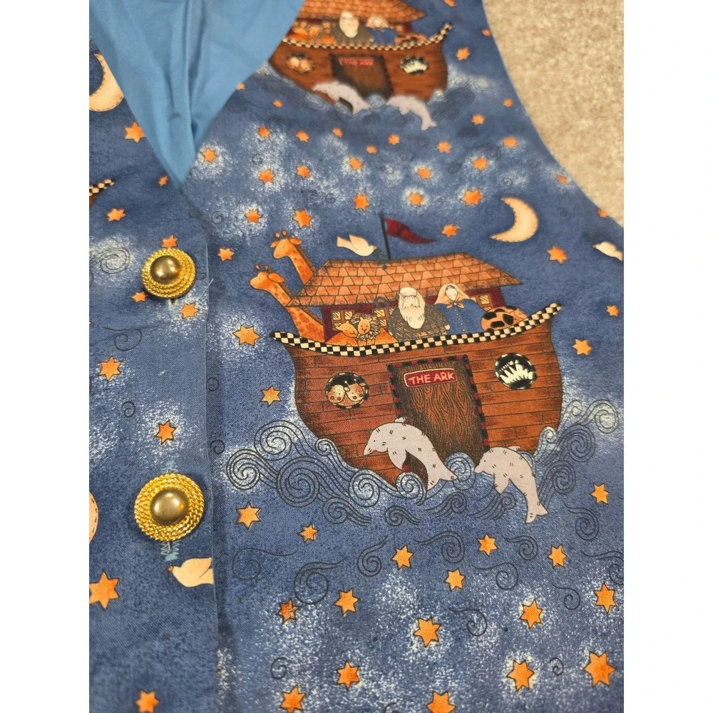 Vintage‎ Noahs Ark Animals Novelty Print Vest Blue Gold Buttons Teacher Size 1X